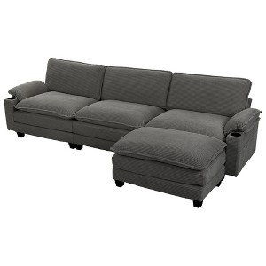 113'' Corduroy 3+1 L-Shaped Modular Sectional Sofa with Ottoman, Double-Layer Thick Cushion, Cup Holders and Storage Bags - 1 of 4