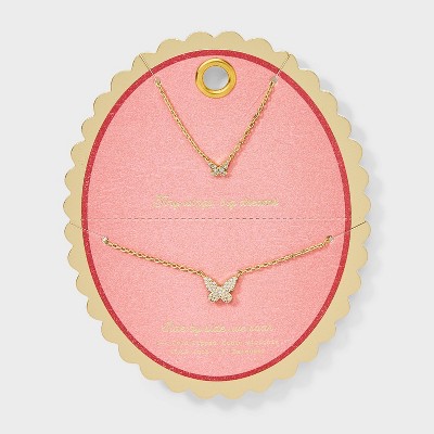 14K Gold Dipped Cubic Zirconia Butterfly Pendant Necklace Set 2pc - Gold