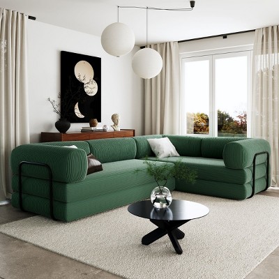 L-Shaped Modular Sofa Bed in Corduroy,Plush Dual-Cushion Comfort for Living Room,Iron Frame Sectional with 4 Configurable Pieces-Cuddlewood