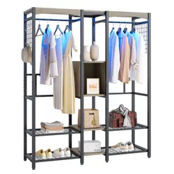 Bestier Metal Freestanding Wardrobe Storage Unit with Wooden Top Shelf and Built In Color Changing Lights with 7 Colors and 20 Dynamic Modes, Grey