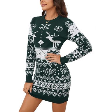 Coolmee Women's Fall Christmas Sweater Mini Dress Long Sleeve Crewneck Slim Fit Wrap Short Dress 2XL Dark Green