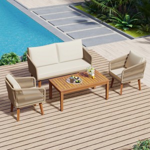 4-Piece Woven Rope Patio Conversation Set, Outdoor Garden Sofa with Solid Wood Loveseat, 2 Chairs and Table – Maison Boucle - 1 of 4