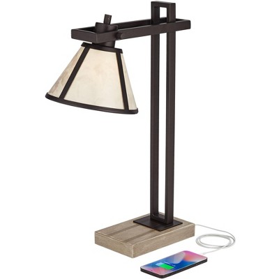 Bronze Industrial Desk Lamp with Beige Stone Shade and USB Port