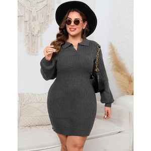 Women Plus Size V-neck Long Sleeve Knit Stretchable Elasticity Slim Sweater Bodycon Midi Pullover Sweater Dress - 1 of 4