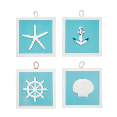 Okuna Outpost 4 Piece Set Beach Home Wall Décor, Starfish and Seashell Home Wall Décor (Blue)