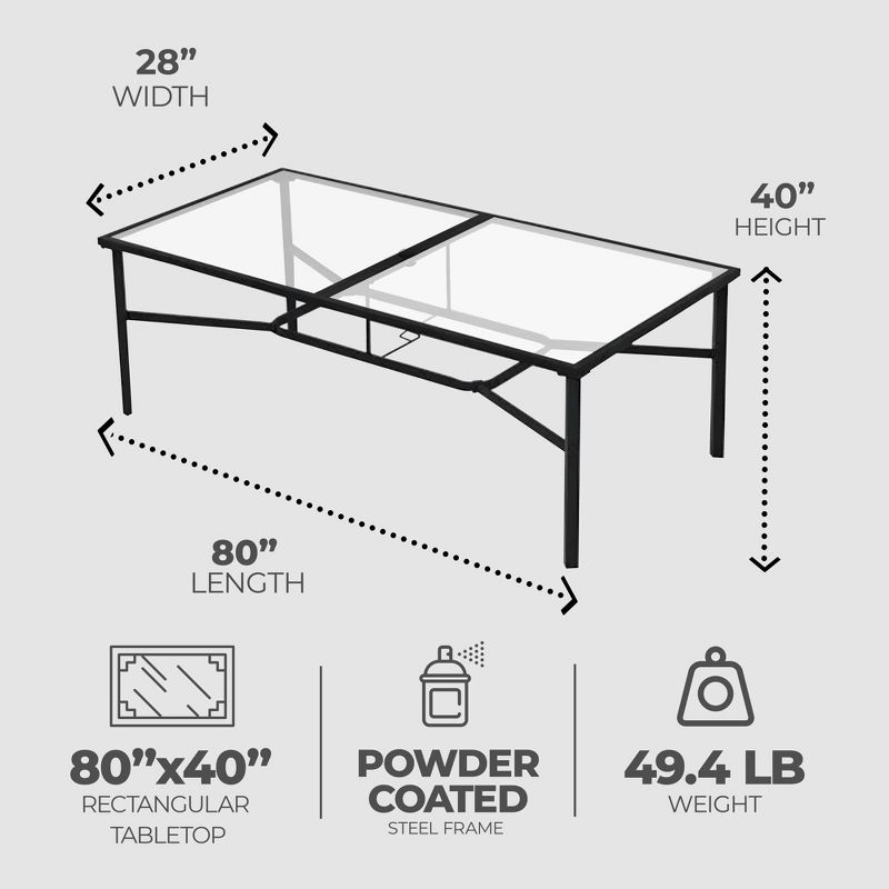 Four Seasons Courtyard Sunny Isles 80 by 40 Inch Indoor Outdoor Powder Coated Steel Frame Tempered Glass Top Rectangular Patio Dining Table, Black, 2 of 7