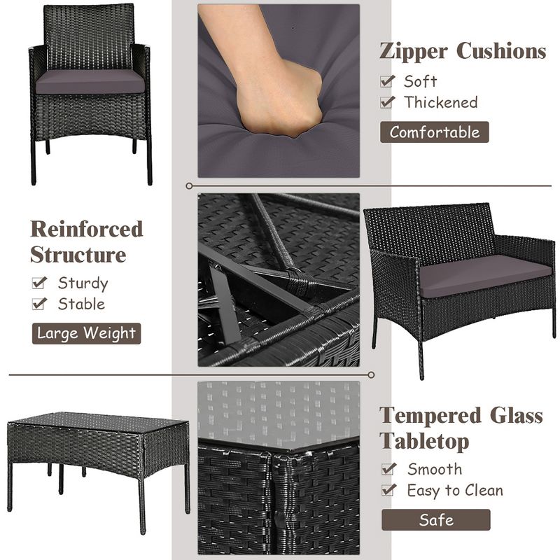 Tangkula 4PCS Outdoor Furniture Set Patio Rattan Conversation Set w/ Gray & Off White Cushion, 4 of 6