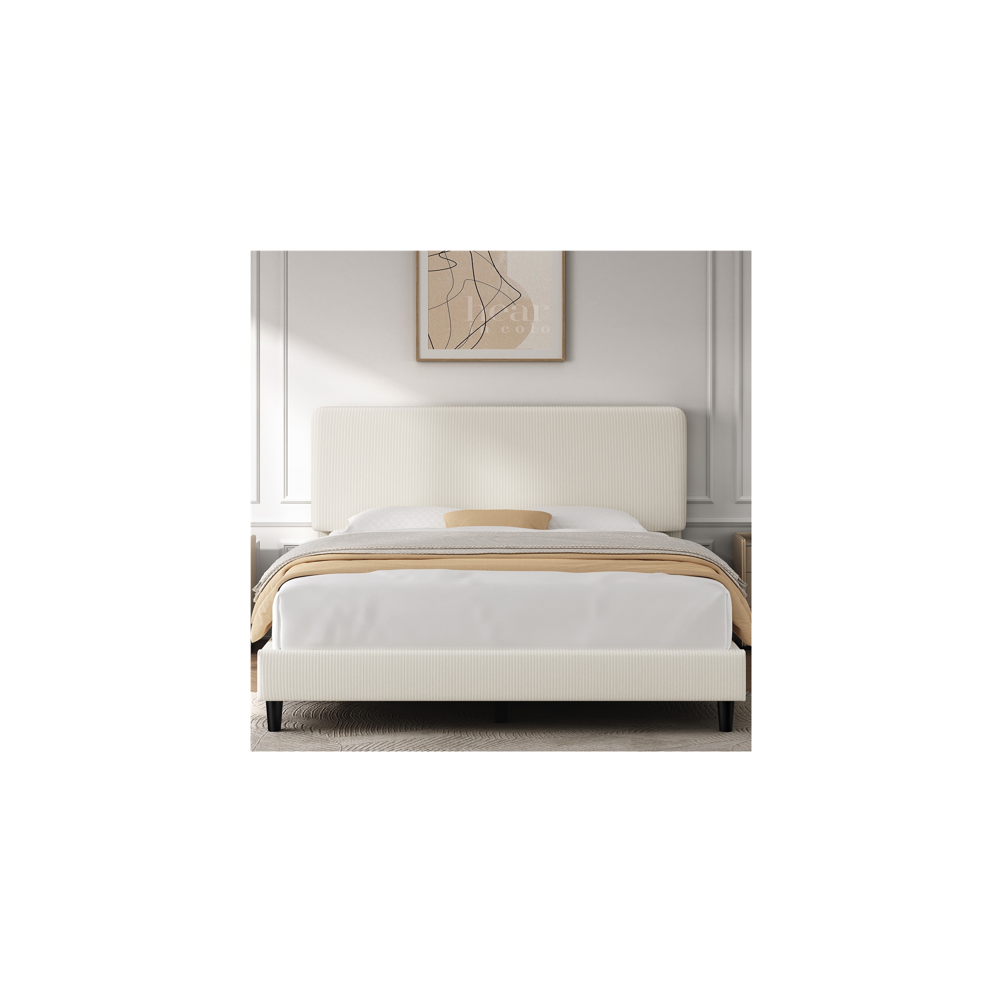 Yaheetech Upholstered Bed Frame with Adjustable Headboard and Mattress Foundation with Wooden Slat Support, Beige (Full)