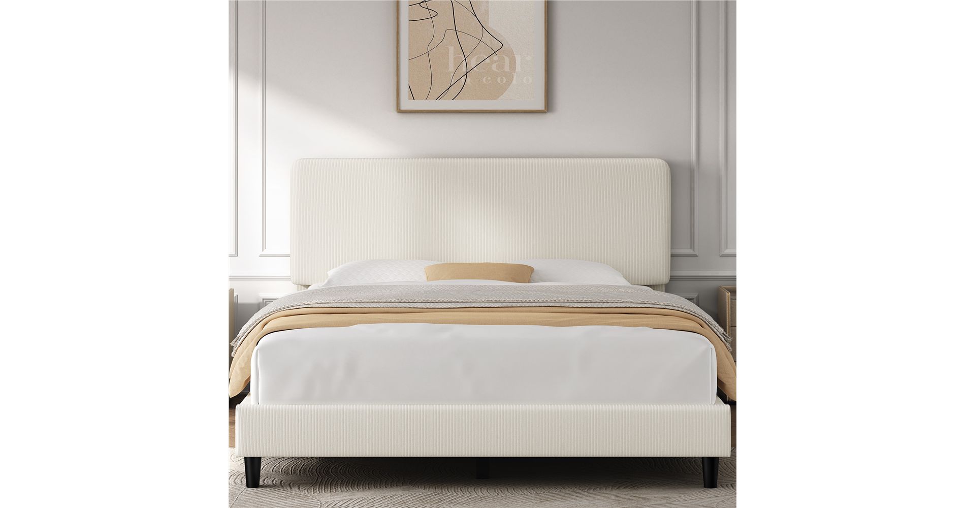 Yaheetech Upholstered Bed Frame with Adjustable Headboard and Mattress Foundation with Wooden Slat Support, Beige (Queen)