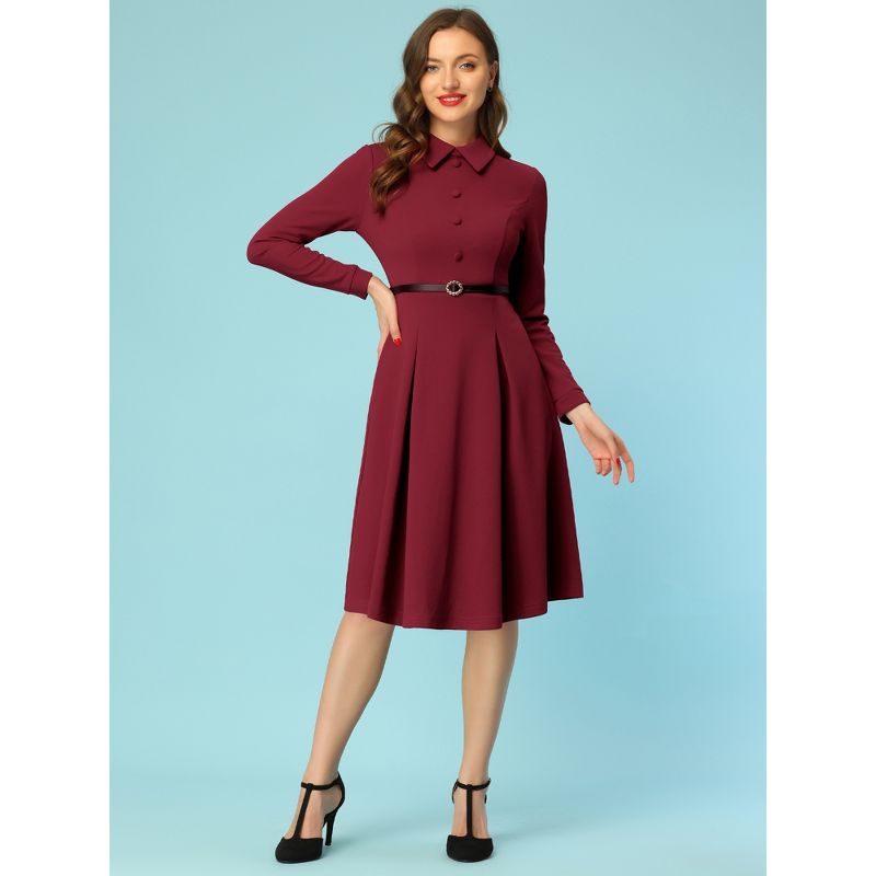 Allegra K Women's Elegant Long Sleeve Button Decor Belted Fit and Flare Dress, 2 of 6