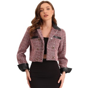 INSPIRE CHIC Women's Tweed Plaid Contrast Collar Double Breasted Vintage Cropped Jackets - 1 of 4