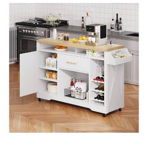 53 inch Rolling Kitchen Island Cart Utility Trolley Cabinet Storage With Power Outlet Glass Holder Spice Rack, White - 1 of 4