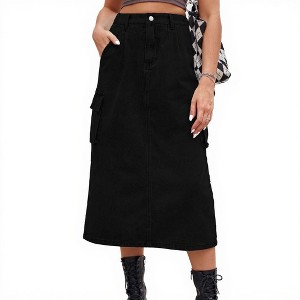 Clearlove Women's Jean Skirt Stretch Denim Midi Skirt with Pockets - 1 of 4