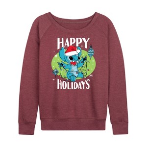 Women's - Lilo and Stitch - Happy Holidays Christmas Lightweight French Terry Wide Neck Long Sleeve Shirt - 1 of 4