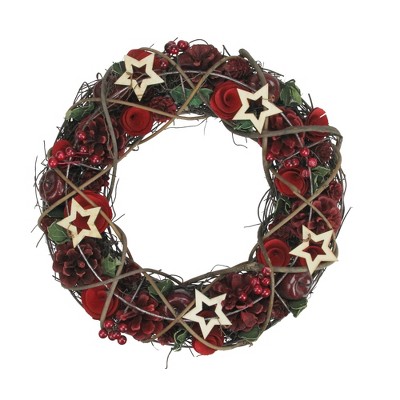 13" Rustic Red and Green Artificial Christmas Wreath with Wooden Stars