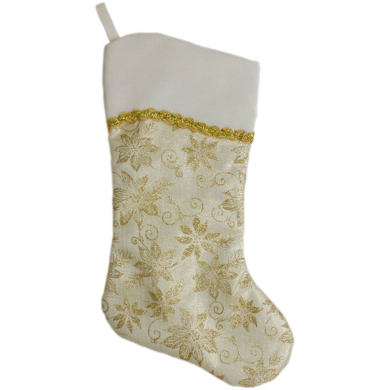 Northlight 20.5-Inch Gold and White Glitter Poinsettia Christmas Stocking With a Velvet Cuff, 1 of 4