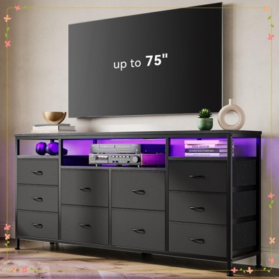 63" Long TV Stand Dresser with 10 Fabric Drawers, Safety Power Outlet & LED Lights