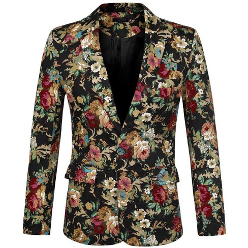 Floral Patterned Velvet Green Men Prom Blazer