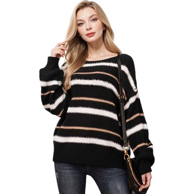 Anna-Kaci Women's Sweaters Long Sleeve Crew Striped Oversized Knitted Pullover Tops