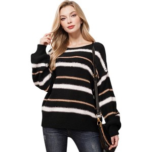 Anna-Kaci Women's Sweaters Long Sleeve Crew Striped Oversized Knitted Pullover Tops - 1 of 4