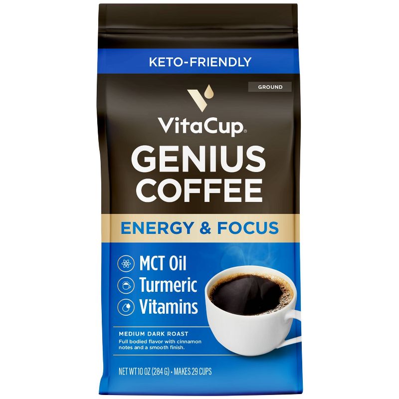 VitaCup Genius Ground Coffee w/ KETO MCT Oil, Turmeric, &#38; B Vitamins (Energy &#38; Focus) Medium Roast - 10oz, 1 of 9