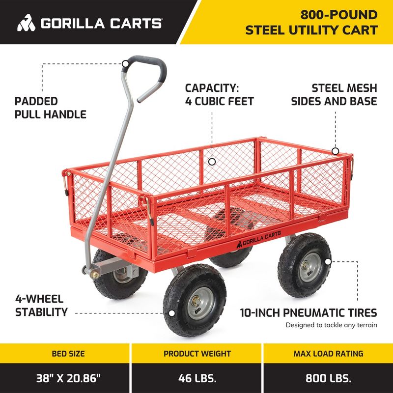 Gorilla Cart 800lbs. Capacity Heavy Duty Durable Steel Mesh Flatbed Garden Utility Wagon - Red, 3 of 8