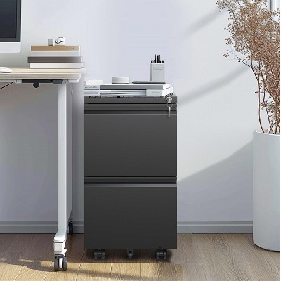 2 Drawer Metal Mobile File Cabinet, Rolling File Cabinet with Lock for Hanging Legal/Letter/A4 Size, Fully Assembled Except Wheels-Black-The Pop Home