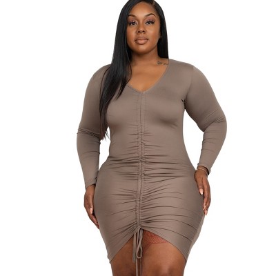 Slickblue Women's Plus Size Drawstring Ruched Front Top - Long Sleeve V-Neck in Taupe/Green Bay - Size, 1XL-3XL