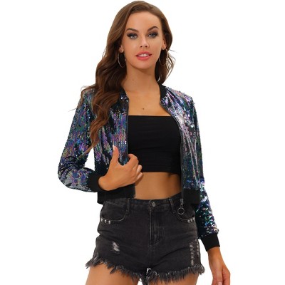 Allegra K Women's Sequin Long Sleeve Glitter Shiny Party Bomber