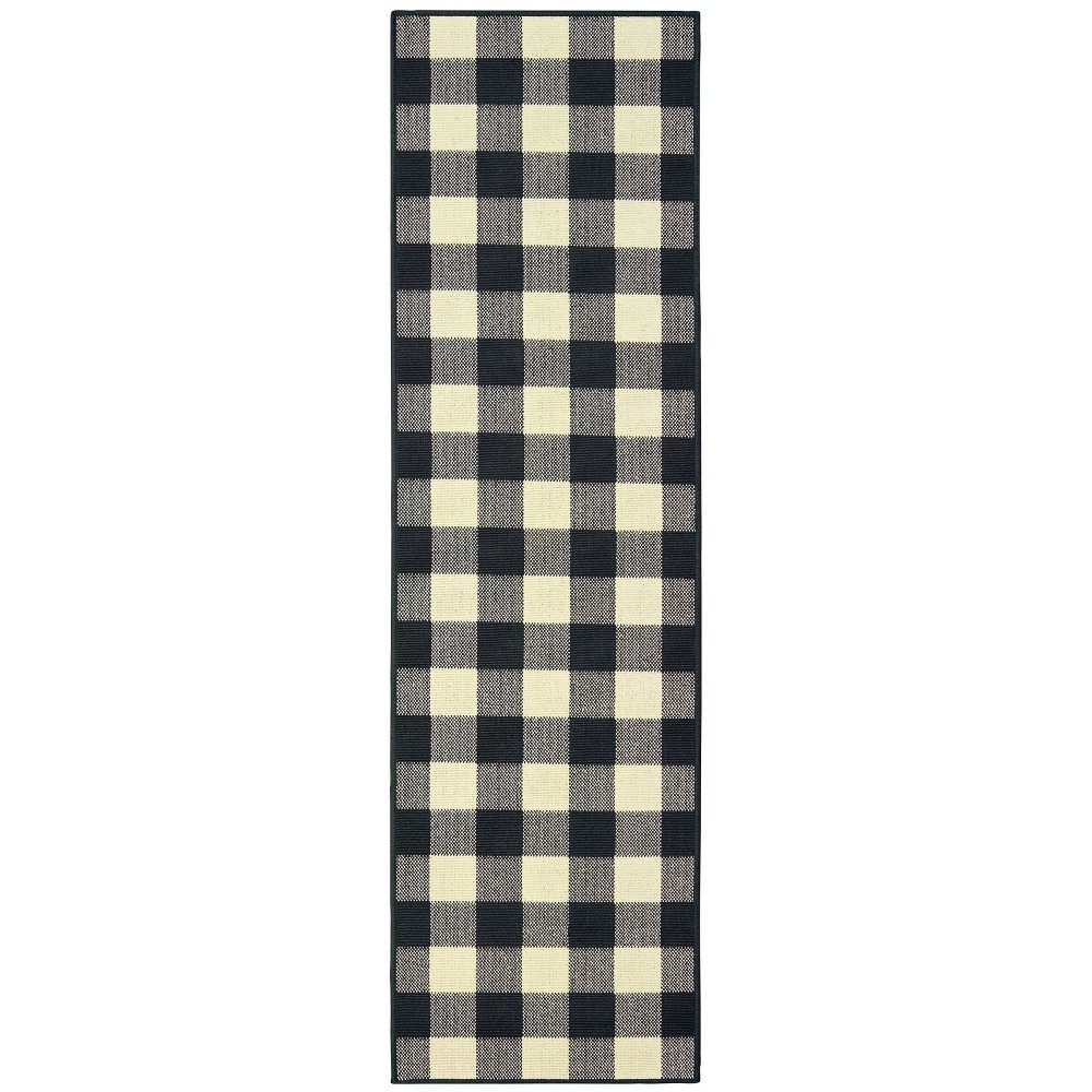 2'3inx7'6in Madeline Plaid Check Patio Rug Black/Ivory