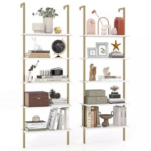 Tangkula 2 PCS 5 Tier Ladder Shelf 71" Open Wall-Mounted Bookcase w/ Golden Steel Frame - 1 of 4