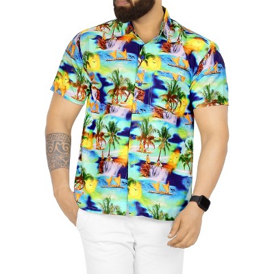 HAPPY BAY Mens Hawaiian Shirts Short Sleeve Button Down Shirt Men's Tropical Shirts Casual Holiday Party Caribbean Shirts for Men M Beach Island, Blue