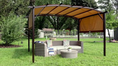 Tan Metal Arched Pergola with Retractable Canopy, 12 Ft.