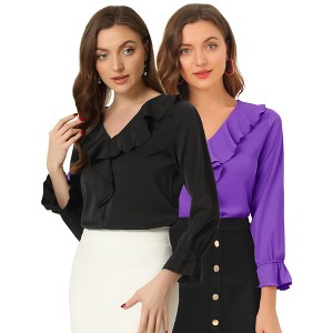 INSPIRE CHIC Women's Office Work Ruffle V Neck Long Sleeve Chiffon Peasant Blouse 2 Packs - 1 of 4