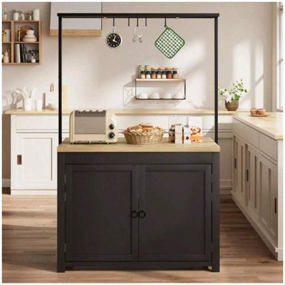 Nasitip 42" Kitchen Island with Storage, Multi-Functional Kitchen Cart with Thick Countertop, 2-Tier Shelves 5 Hooks Black