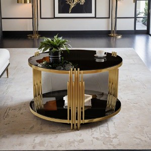 Modern Mirror Coffee Table, Asymmetrical Metal, Circular Metal Drum Base, Gold Finish & Lower Shelf - Leovsnove - 1 of 4