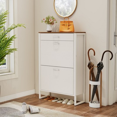 VYNXARIA Slim Shoe Cabinet with 2 Flip Drawers &1 Drawer, Narrow Wall Hidden Shoe Cabinet,white and Walnut