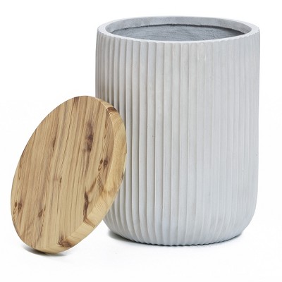 Gray Cement and Faux Wood Round Patio Side Table with Storage