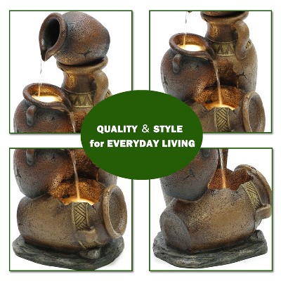 Rustic Brown Resin Tiered Urns Outdoor Fountain with LED Lights