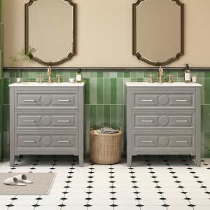 Gulches 60'' Gray Freestanding Bathroom Vanity Set, 3 Drawers, Separate Glossy Ceramic Sink, Soft-Close Hinges, Storage Cabinet - 1 of 4