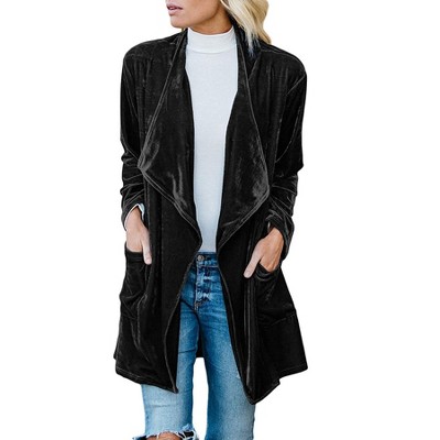 Garvee Women Open Front Lapel Long Sleeve Gold Velvet Maxi Coat With Pockets