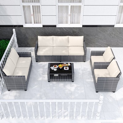 Whizmax Outdoor Patio Furniture Sets,PE Wicker Rattan Sectional Furniture Couch Set with Glass Coffee Table for Backyard, Deck, Earth Gray