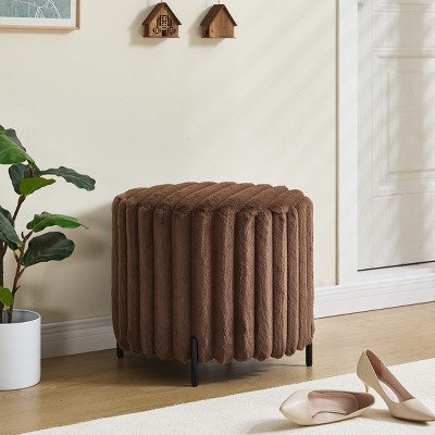 22.05'' Faux Fur Round Pouf Ottoman with Black Metal Legs,Upholstered Footrest for Bedroom or Living Room-Cuddlewood