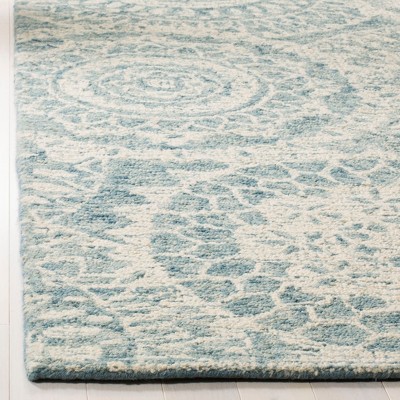 Ivory and Blue Abstract Handmade Wool Runner Rug