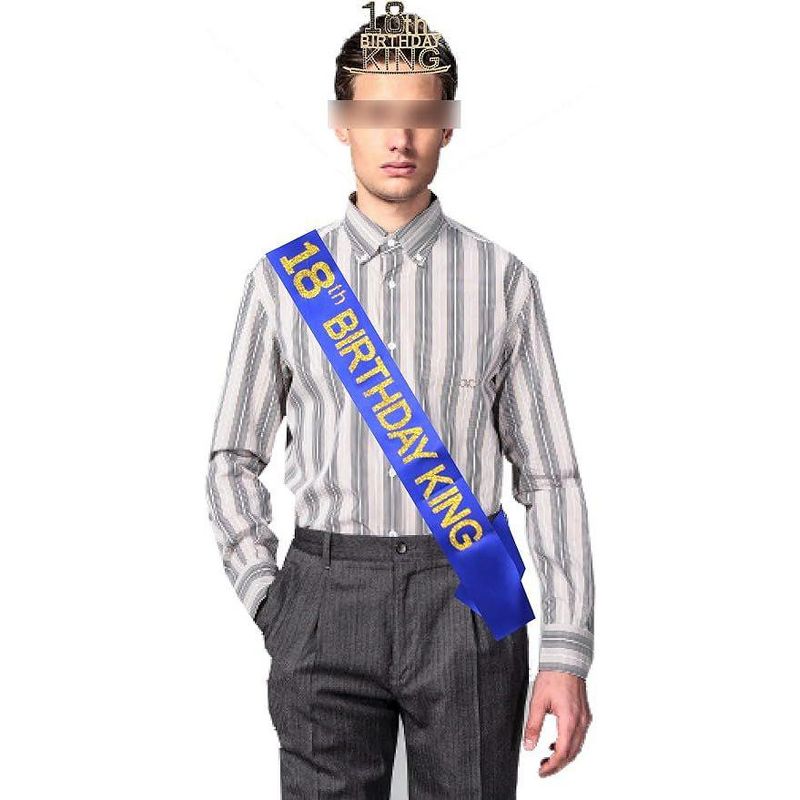 VeryMerryMakering 18th Birthday King Crown and Sash for Boys - Majesty Gold & Black Premium Metal Crown for Him + Blue & Gold Sash, 5 of 6