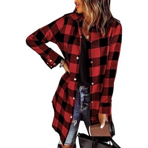 Zeagoo Flannel for Women Fall Fashion Long Sleeve Plaid Button Down Shirts Shacket Blouse Top with Pockets - 1 of 4