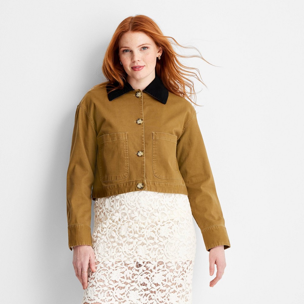 Women's Cropped Barn Jacket - Future Collective Khaki XL: Midweight Front Button Down