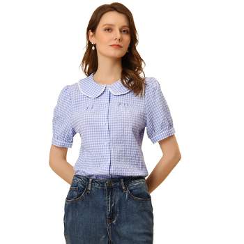 Allegra K Women's Plaid Puff Short Sleeve Button Down Peter Pan Collar Shirt