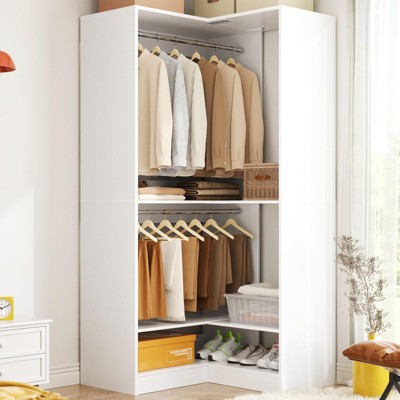 Aheaplus Corner Closet Organizer with 2 Hanging Rods, Wardrobe System with Shoe Shelf