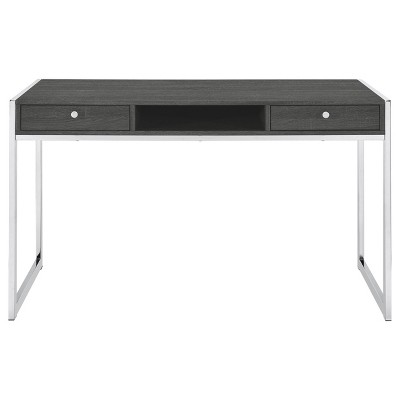 Weathered Gray Contemporary Home Office Desk with Chrome Accents and Dual Drawers
